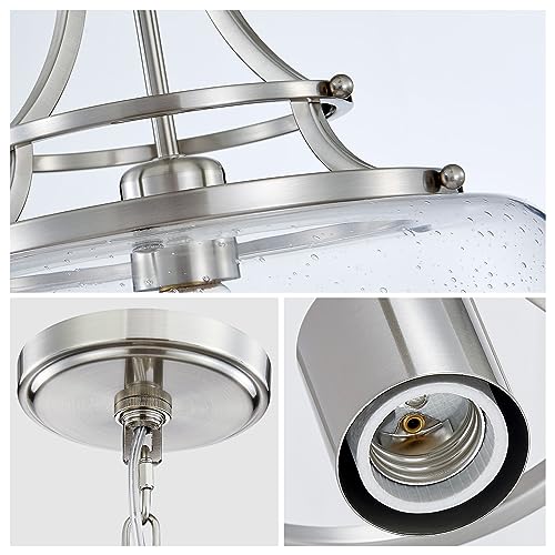 Chandelier Rustic Farmhouse Industrial Round Ceiling Pendant LED Light Fixture Clear Seeded Glass Shade for Dining Room Kitchen Island Foyer Entryway