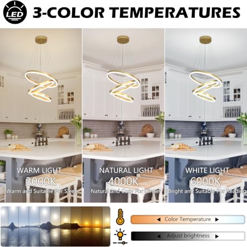 Modern Gold Led Chandelier 3 Rings Gold Dimmable LED Chandeliers Light Fixture for Kitchen Island Height Adjustable Chandelier Led Pendant Light for Dining Room Bedroom Living Room