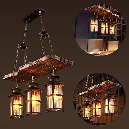 Wood Retro Pendant Lighting Industrial Vintage Chandelier Black Metal Bedroom Restaurant Suspension Lamp Cage Frame with Glass Shade House Loft Bar Coffee Decoration Ceiling Lights Fitting