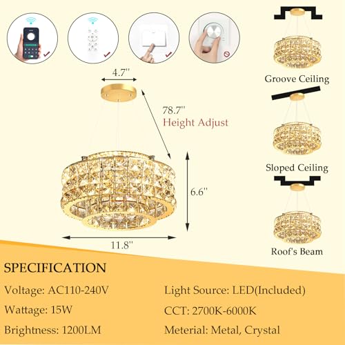 LED Chandeliers for Dining Room LED Dimmable Pendant Lights for Kitchen Island Crystal Adjustable Chandelier for Bedroom Hallway Entrance 12" Gold Light