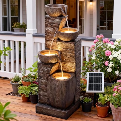 Solar Water Fountain Outdoor Garden 4 Tiers Stone Texture Modern Fountains