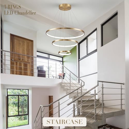 3 Rings LED Chandeliers Modern Gold Chandelier Dimmable Flush Mount Pendant Light Fixture Remote Control Contemporary Pendant Chandelier for Dining Room Bedroom Foyer