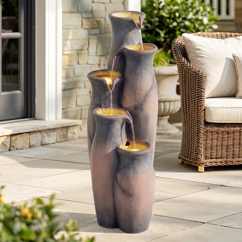 33" Faux Terracotta Vase Water Fountain Outdoor with Warm LED Lights