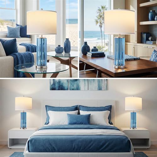 Blue Table Lamps for Bedroom Set of 2 with Nightlight (2 Count)