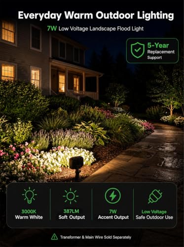 Low Voltage Landscape Flood Light (7W Warm White (3000K) / 1 Pack(Wiring Required))