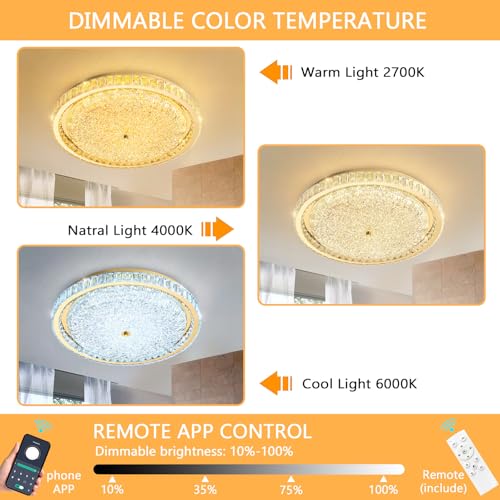 24" Modern Crystal Chandelier Dimmable LED Flush Mount Ceiling Light with Remote Control for Bedroom Hallway Dining Room Gold