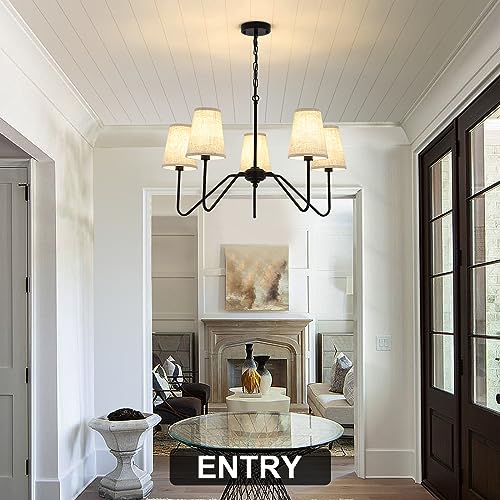 5 Arm Black Chandelier for Dining Room with Linen Fabric Shade