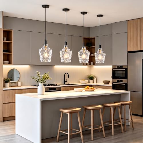 Hammered Glass Pendant Light for Kitchen Island 2 Pack Black Gold 8 Inch (2 Count)