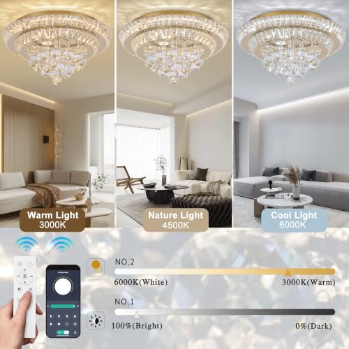 18" Gold Crystal Flush Mount Chandelier Modern LED Ceiling Light Fixture
