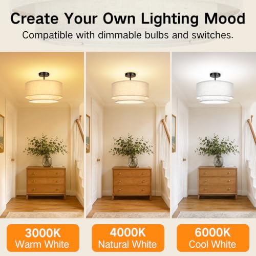 16" Semi Flush Mount Ceiling Light Double Drum Black 3 (Black)