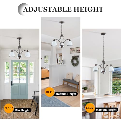 3 Light Classic Rustic Chandelier for Farmhouse with Milk White Frosted Glass Shades Black Dining Room Light Adjustable Height Ceiling Hanging Light Fixtures for Dinner Table