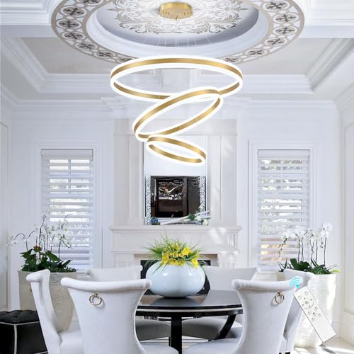 3 Rings Modern Chandelier for Dining Room Gold LED Dimmable Pendant Lightings for Kitchen Island Adjustable Height Flush Mount Ceiling Lighting for Living Room Foyer Hallways 3000K (3 Count)