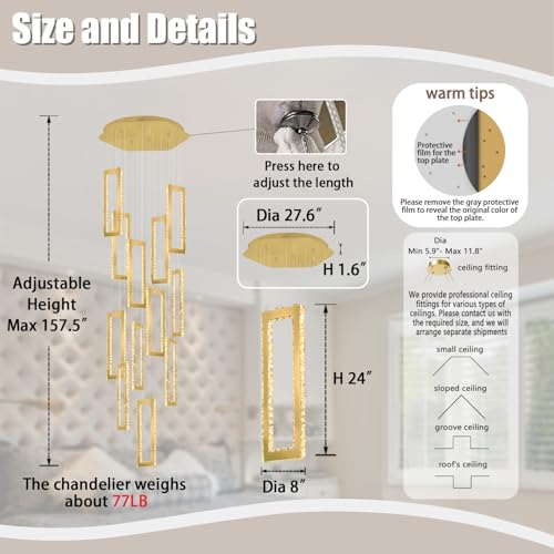 H158 Modern Chandelier 12 Rings Gold Chandelier Lighting Fixture High Ceiling Chandelier Suitable for Living Room Staircase Villa