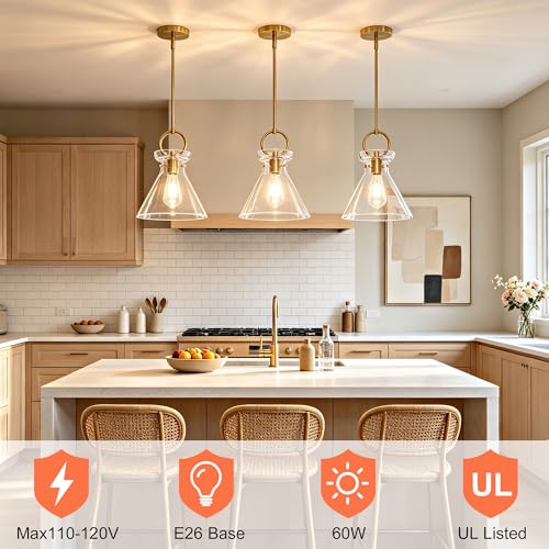 Gold Pendant Lights Kitchen Island with 9.84'' Clear Glass Shade (2 Count)