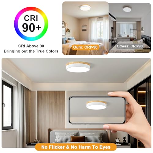 Dimmable LED Wood White Round Flush Mount Ceiling Light 11.81 Inch