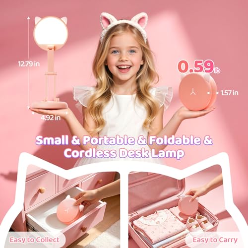 Cute Desk Lamp Pink Dorm Lamps for College Girls Foldable Portable Rechargeable Dimmable Cute Cat Lamp Kawaii Room Decor