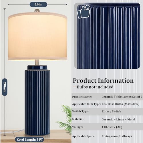 28" Dark Blue Ceramic Table Lamps Set of 2 (2 Count)