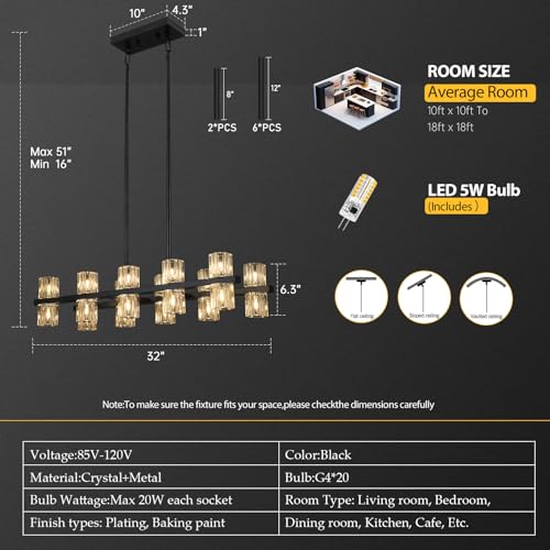 20 Lights L32" Black Crystal Chandeliers for Dining Room Light Fixture