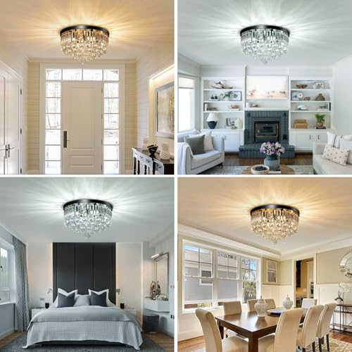 8 Light Modern Crystal Chandelier Black Metal G9 Base Flush Mount Round Light Fixture Ceiling Lamp Farmhouse for Dining Living Room Laundry Foyer Kitchen Balcony Bedroom