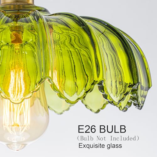 EDSILIVE Vintage Flower Glass Pendant Lights Kitchen Island 9.84" Antique Flower Green Glass Hanging Ceiling Light Fixture with Adjustable Brass Twine Wire for Dining Room Kitchen Table