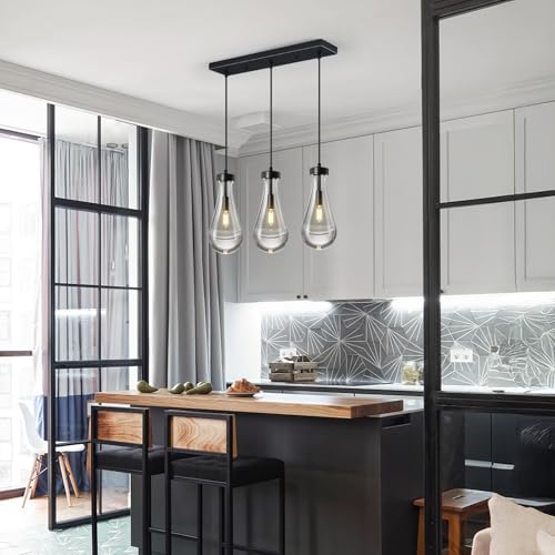 Raindrop Pendant Lights Kitchen Island Teardrop Black Hanging Light Fixtures Clear Solid Glass Pendant Light Modern Chandeliers for Dining Room Porch Corridor Living Room