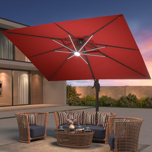 9x12 FT Patio Cantilever Outdoor Umbrella with Base and LED Lights