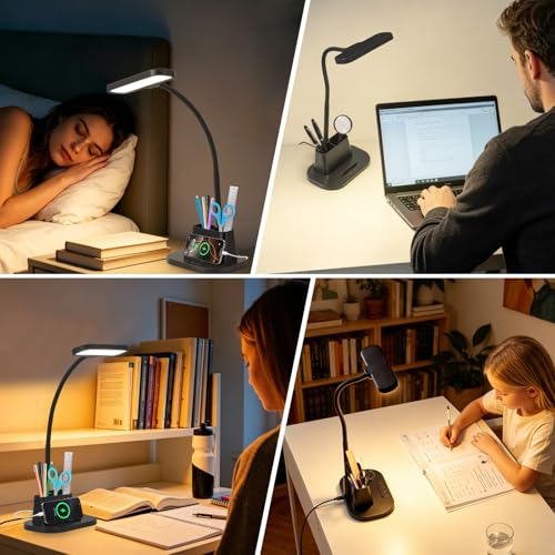 LED Desk Lamp for Dorm Small Desk Lamp with Pen Holder 5 Color Modes Black (Black)