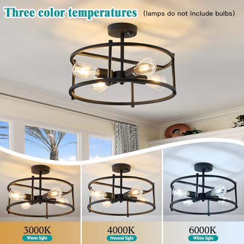 Motion Sensor Ceiling Light Indoor Industrial 4 Light Semi Flush Mout Ceiling Light Fixture Black Overhead Light for Entryway Hallway Closet Porch Front Farmhouse
