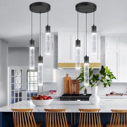 3 Lights Pendants Light for Kitchen Island Chandeliers Dining Room Pendant Lighting Fixture Bubble Crystal Ceiling Hanging Lights Bedroom Island Kitchen 6000K White Light Fixtures Black
