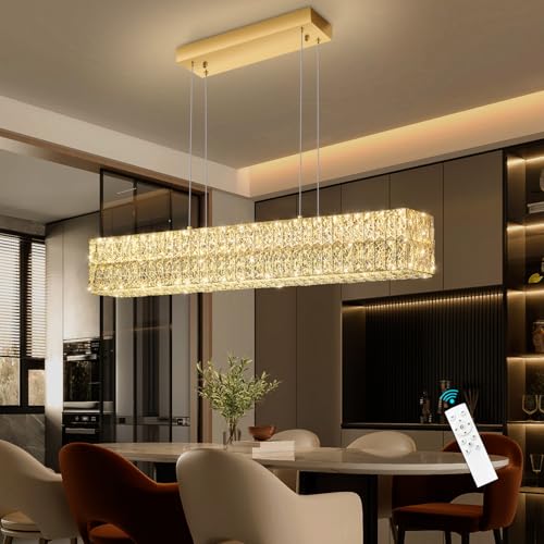 40 Inch Glam Crystal Chandelier Modern Dimmable Crystal Chandeliers LED Rectangular Ceiling Light Fixtures for Dining Room Living Room Glod