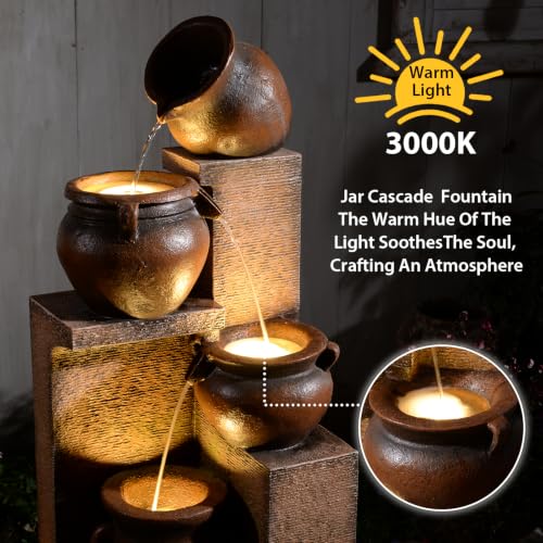 50H Water Fountain Outdoor with 5Tiers Modern Cascading Jar and Stacked Water Fountain with LED Lights for Patio
