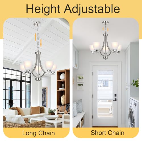 5 Light Contemporary Chandeliers Brushed Nickel Modern Light Fixtures Ceiling Hanging Industrial Pendant Lighting for Foyer Bedroom Dining Room Bathroom