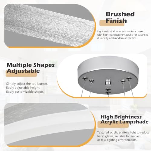 Modern Nickel Led Chandelier 2 Rings Dimmable LED Chandeliers with Remote Control Light Fixture for Kitchen Island Height Adjustable Chandelier Led Pendant Light for Living Room Dining Room
