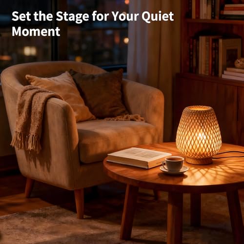 Boho Rattan Small Table Lamp with Double Layer Bamboo Woven Shade