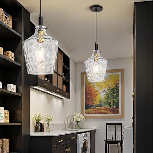 Hammered Glass Pendant Light for Kitchen Island 1 Pack Black Gold 8 Inch