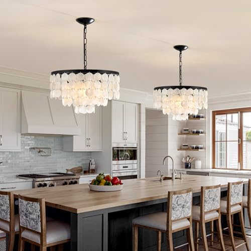4 Light Black Capiz Shell Coastal Chandeliers for Dining Room