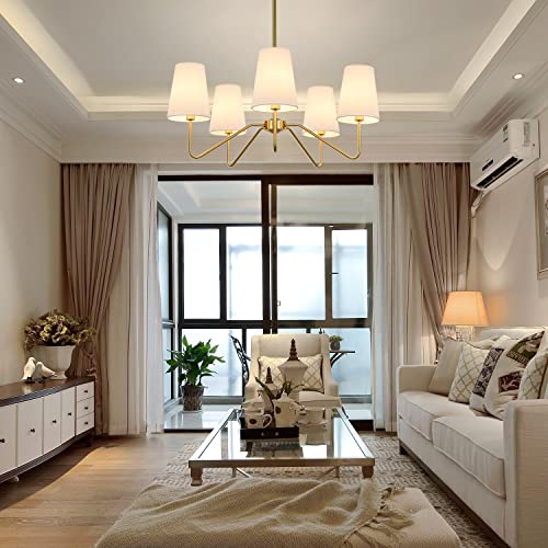 5 Light Gold 30” Modern Chandelier with White Shades for Dining Room