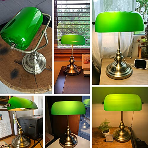 Glass Bankers Desk Lamp with Pull Chain Switch Plug in Fixture