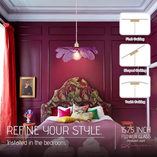 Purple Glass Pendant Light Fixtures 15.75" Large Flower Petal Ceiling Hanging Light Statement with Brushed Gold Base Mid Century Modern Chandelier for Kitchen Island Dining Room Living Room Foyer