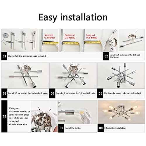 6 Lights Semi Flush Mount Ceiling Light Fixture Modern Chrome Matte Sputnik Chandelier Farmhouse Ceiling Lighting for Kitchen Bedroom Dining Room Living Room
