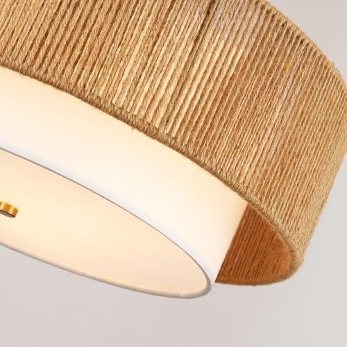 Boho Semi Flush Mount Ceiling Light Rattan Ceiling Light 18" Farmhouse Ceiling Lamp with Natural Hemp Rope Fabric Lampshade for Dining Room Living Room Bedroom Kitchen