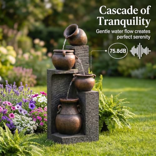 50H Water Fountain Outdoor with 5Tiers Modern Cascading Jar and Stacked Water Fountain with LED Lights for Patio
