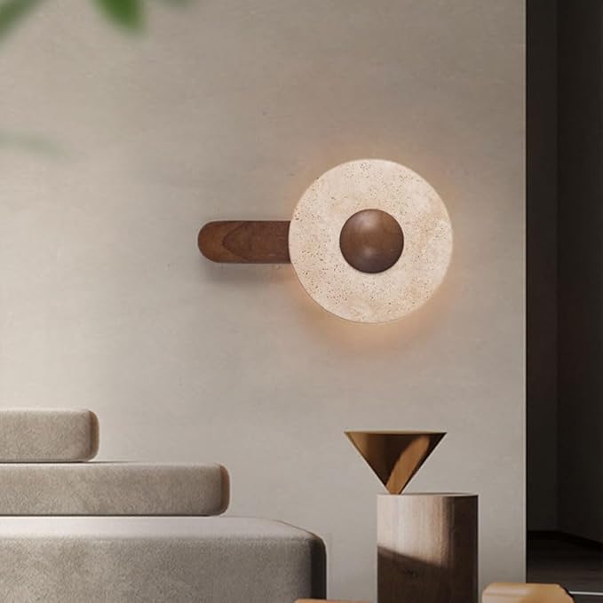 Modern Backlit Wall Sconce Travertine Stone Disc Dark Wood Arm Minimalist Hardwired LED Wall Light Fixture for Bedroom Living Room Hallway Accent Decor(Large)