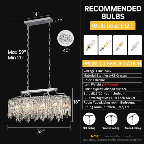 32" 10 Light Oval Chrome Crystal Chandeliers for Dining Room