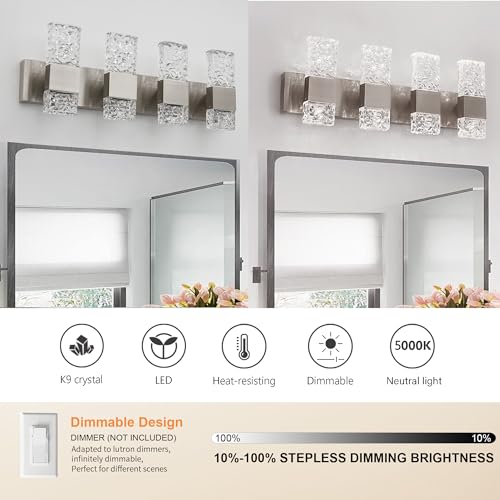 Modern Bathroom Light fixtures Brushed Nickel Dimmable Vanity Lights for Bathroom Crystal LED Bathroom Lighting fixtures Over Mirror 4 Light 6000K