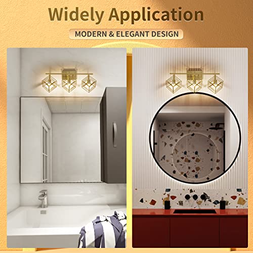 Bathroom Vanity Light with 3 Bulbs Bathroom Light Fixtures Over Mirror with 3 Rotatable Cube Shades Modern Wall Mounted Brushed Brass Gold
