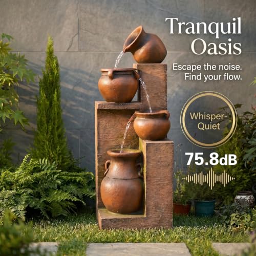 50H Water Fountain Outdoor with 5Tiers Modern Cascading Jar and Stacked Water Fountain with LED Lights for Patio