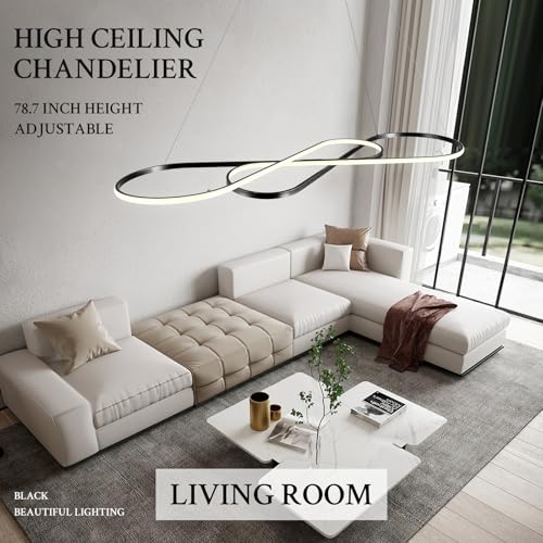 Modern LED Chandelier Black Dimmable LED Pendant Light for Dining Room Light Fixture Over Table Modern Kitchen Island Lighting High Ceiling with Remote for Living Room