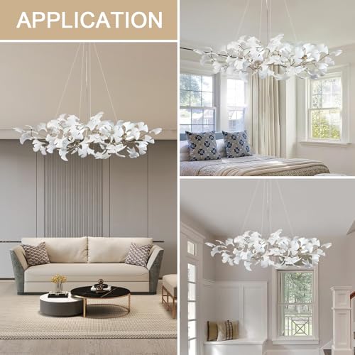 Tree Branch Chandelier White Ceramic Ginkgo Leaf Chandeliers L47 Inch Brass Rectangle Chandelier Large Luxury Hanging Lights Fixture for Dining Room Living Room
