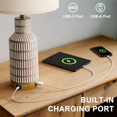 25" Modern 3 Way Dimmable Touch Control with USB A+C Ceramic Lamps Set of 2 Table Lamp for Living Room Bedroom Farmhouse Nightstand Bedside Brown (2 Count)